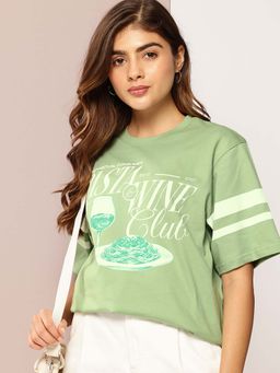 DILLINGER - Green Womens Half Sleeve Printed Oversized Fit T-Shirt