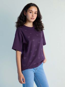 DILLINGER - Purple Womens Stud Detailed Oversized Round Neck T-Shirt