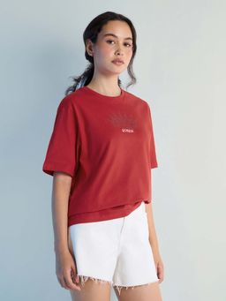 DILLINGER - Red Womens Stud Detailed Oversized Round Neck T-Shirt