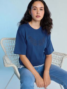 DILLINGER - Blue Womens Stud Detailed Oversized Round Neck T-Shirt