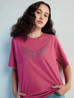 DILLINGER - Pink Womens Stud Detailed Oversized Round Neck T-Shirt
