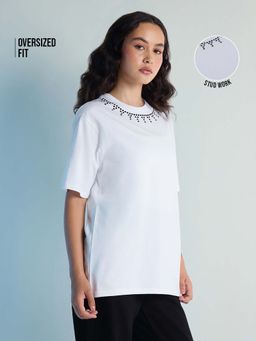 DILLINGER - White Womens Stud Detailed Oversized Round Neck T-Shirt