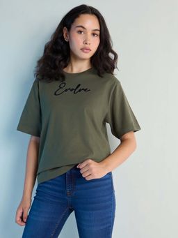 DILLINGER - Olive Womens Stud Detailed Oversized Round Neck T-Shirt