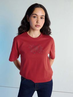 DILLINGER - Red Womens Stud Detailed Oversized Round Neck T-Shirt