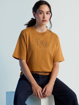 DILLINGER - Mustard Womens Stud Detailed Oversized Round Neck T-Shirt