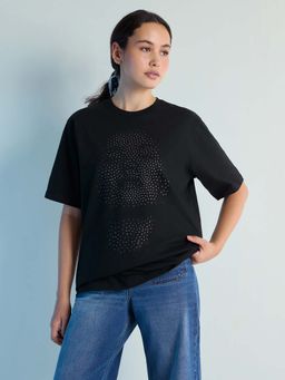 DILLINGER - Black Womens Stud Detailed Oversized Round Neck T-Shirt