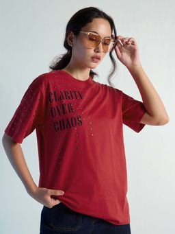 DILLINGER - Red Womens Stud Detailed Oversized Round Neck T-Shirt