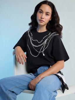 DILLINGER - Black Womens Stud Detailed Oversized Round Neck T-Shirt