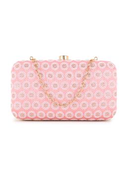 Anekaant - Hue Pastel Pink, White & Gold Faux Silk Polka Dot Embroidered Clutch