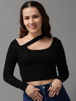 SHOWOFF - Womens Round Neck Black Fitted Crop Top