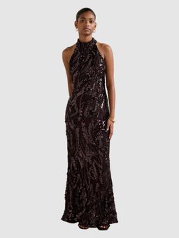 Forever New - Burgundy Jassinta Petite Halter Sequin Maxi Dress