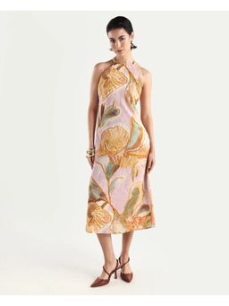 RAREISM - Purple Printed Halter Neck A-Line Midi Dress