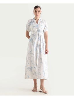 RAREISM - White Floral Print A-Line Midi Dress with Belt