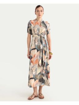RAREISM - Multi-Color Abtract Print A-Line Midi Dress with Belt