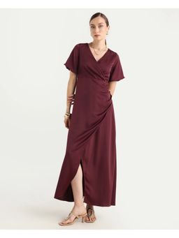 RAREISM - Maroon Solid Wrap Maxi Dress