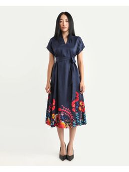 RAREISM - Navy Blue Abstract Print Silk Midi Dress with Belt