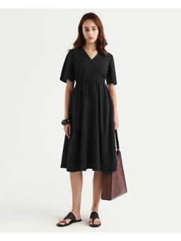 RAREISM - Black Textured Bell Sleeve Midi Dress