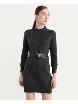 RAREISM - Black Solid Flat Knit Dress with Belt