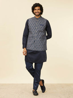 Manyavar - Dark Blue Blended Cotton Digital Printed Jackets for Men (Set of 2)