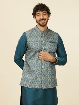 Manyavar - Teal Blue Art Silk Printed Jackets for Men (Set of 3)