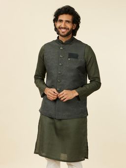 Manyavar - Dark Green Brocade Jacquard|Self Design Jackets for Men (Set of 3)