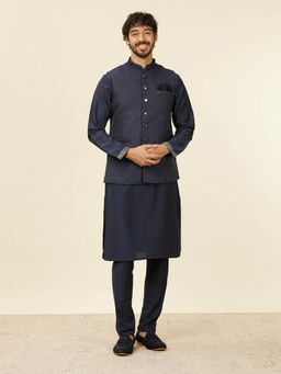 Manyavar - Dark Blue Brocade Jacquard|Self Texture Jackets for Men (Set of 3)