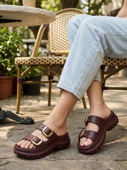 Carlton London - Womens Dual Strap EVA Cushion Comfort Sandals Heels - Wine