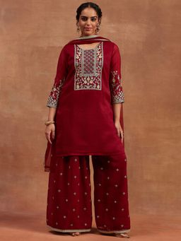 AVANSHEE - Maroon Embroidered Straight Kurti Palazzo with Dupatta