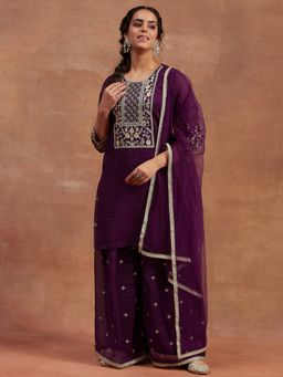 AVANSHEE - Purple Embroidered Straight Kurti Palazzo with Dupatta