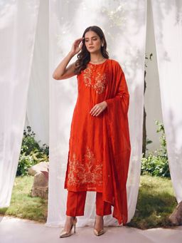 Rangita - Rust Embroidered Straight Kurta Pant with Dupatta