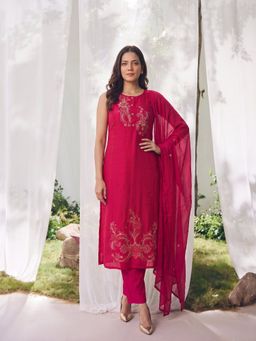 Rangita - Magenta Embroidered Straight Kurta Pant with Dupatta