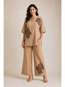 STUDIO MISRI - Beige Floral Straight Co-ord Set