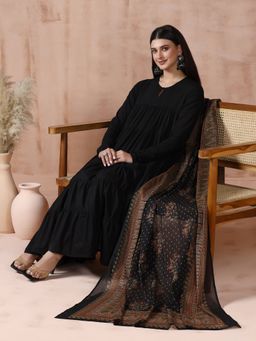 MIZAZJAIPUR - Black Solid/Plain Straight Anarkali Kurta Pant with Dupatta