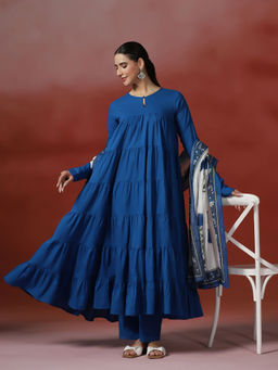 MIZAZJAIPUR - Blue Solid/Plain Straight Anarkali Kurta Pant with Dupatta