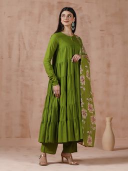 MIZAZJAIPUR - Green Solid/Plain Straight Anarkali Kurta Pant with Dupatta