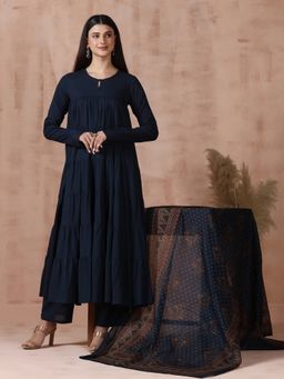 MIZAZJAIPUR - Navy Blue Solid/Plain Straight Anarkali Kurta Pant with Dupatta