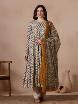 MIZAZJAIPUR - Cream Printed Straight Anarkali Kurta Pant with Dupatta