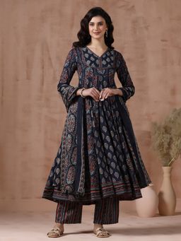 MIZAZJAIPUR - Navy Blue Printed Straight Anarkali Kurta Pant with Dupatta