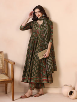 MIZAZJAIPUR - Olive Printed Straight Anarkali Kurta Pant with Dupatta