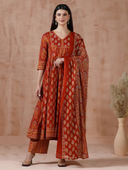 MIZAZJAIPUR - Orange Printed Straight Anarkali Kurta Pant with Dupatta