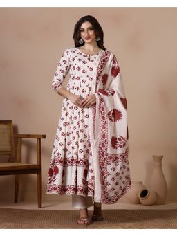 MIZAZJAIPUR - White Printed Straight Anarkali Kurta Pant with Dupatta