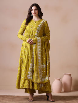 MIZAZJAIPUR - Mustard Printed Straight Anarkali Kurta Pant with Dupatta