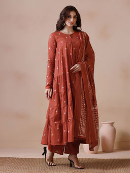 MIZAZJAIPUR - Rust Printed Straight Anarkali Kurta Pant with Dupatta