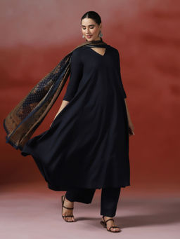 MIZAZJAIPUR - Navy Blue Solid/Plain Straight Anarkali Kurta Pant with Dupatta