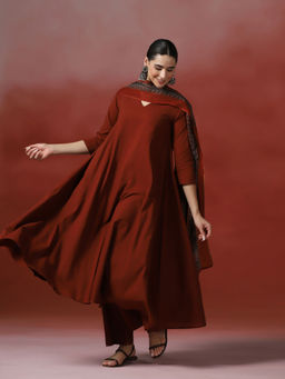 MIZAZJAIPUR - Red Solid/Plain Straight Anarkali Kurta Pant with Dupatta