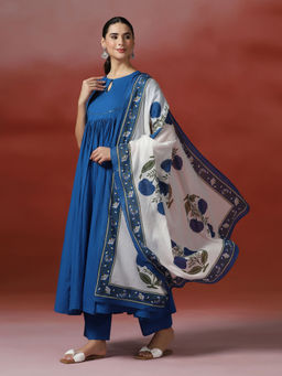 MIZAZJAIPUR - Blue Solid/Plain Straight Anarkali Kurta Pant with Dupatta