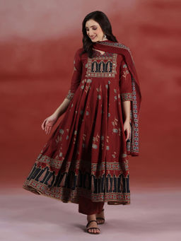MIZAZJAIPUR - Red Printed Straight Anarkali Kurta Pant with Dupatta