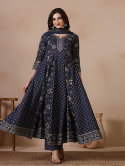 MIZAZJAIPUR - Blue Floral Straight Anarkali Kurta Pant with Dupatta