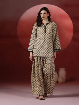 MIZAZJAIPUR - Beige Printed Tapered Kurti & Salwar