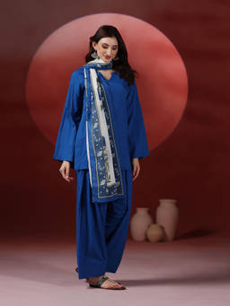 MIZAZJAIPUR - Blue Solid/Plain Tapered Kurti Salwar with Dupatta